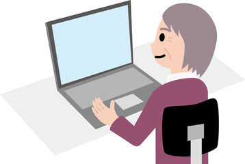 ノートパソコンで作業をする初老の女性