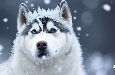 Siberian Husky Dog in the Winter Snow with Frosted Fur