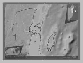 Belize, Belize. Grayscale. Labelled points of cities
