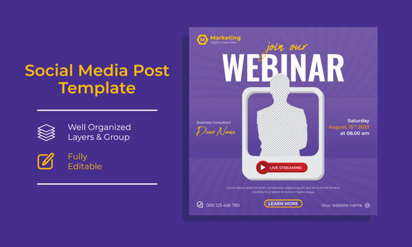 Corporate Digital marketing live webinar promotion templates for social media. Editable layouts for instagram and facebook for teachers and influencers