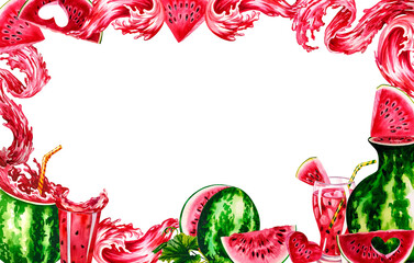 Watermelon. Frame with watermelon juice. Watercolor. For design solutions for labels, packaging and banners.