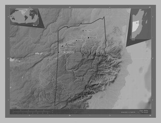Cayo, Belize. Grayscale. Labelled points of cities