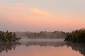 Fototapeta na wymiar landscape with fog on a forest lake