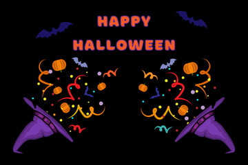 Illustration with witch hats from which a festive salute of ribbons, pumpkins, bats and various confetti scatters. Holiday and fun atmosphere. Happy Halloween.