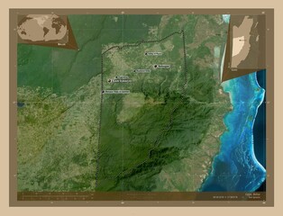 Cayo, Belize. Low-res satellite. Labelled points of cities - obrazy, fototapety, plakaty