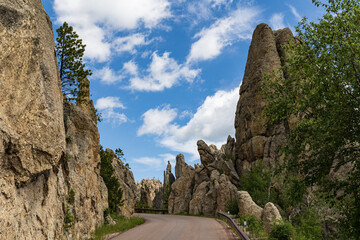 Scenic road passing Cathedral Spires at Custer State Park, South Dakota, USA