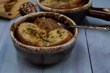 French Onion Soup, Served in Traditional Clay Pots
