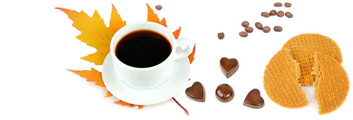Cup of coffee on yellow maple leaf, waffles and chocolates isolated on white background. Collage.