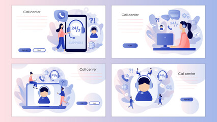 Customer service. Call center. Online support concept. Hotline operator in headset consults client. Screen template for landing page, template, ui, web, mobile app, poster, banner, flyer. Vector 