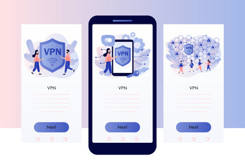 Fototapeta na wymiar VPN service concept. Virtual Private Network. Cyber security, secure web traffic, data protection. Screen template for mobile, smartphone app. Modern flat cartoon style. Vector illustration