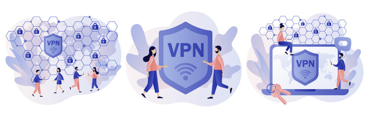 VPN service concept. Virtual Private Network. Cyber security, secure web traffic, data protection, remote servers. Modern flat cartoon style. Vector illustration on white background