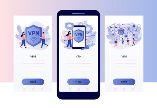 VPN service concept. Virtual Private Network. Cyber security, secure web traffic, data protection. Screen template for mobile, smartphone app. Modern flat cartoon style. Vector illustration