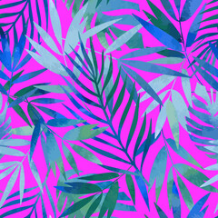 Tropical green leaves. Botanical illustration. Seamless vector pattern.