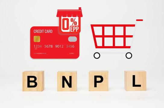 A picture of wooden block written BNPL, "Buy Now,Pay Later", credit card with 0% EPP sign and shopping cart icon.