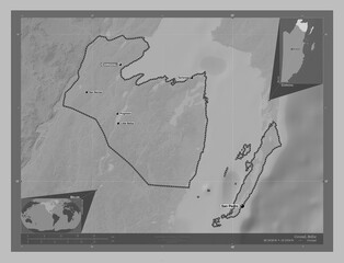 Corozal, Belize. Grayscale. Labelled points of cities
