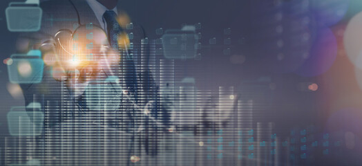 Businessman showing 3d Cloud Computing analyzing sales data,market report with economic growth chart, financial graph, Business strategy and planning, Digital marketing and stock market.