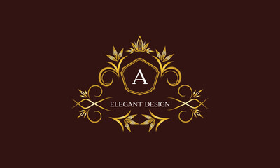Golden logo template for label or vintage signs with letter A. Geometric ornament, isolated design, gold on dark background. Elegant fashionable lace