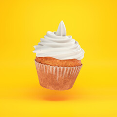 Cupcake with white cream floating on a yellow background, 3d render