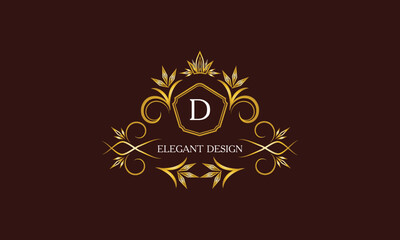 Golden logo template for label or vintage signs with letter D. Geometric ornament, isolated design, gold on dark background. Elegant fashionable lace
