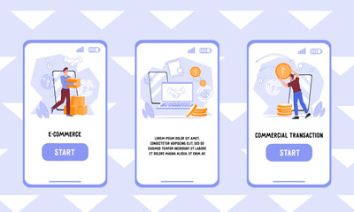 Obraz na płótnie Canvas Dropshipping E-commerce and money transaction concepts for mobile app onboarding page. Online bank and E-Commerce mobile phone start pages design, flat vector Infographics Illustration.