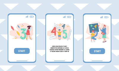 Children online education and distant schooling set of designs for mobile app onboarding page. Online courses and educational distant internet programs for kids start pages kit, vector Illustration.