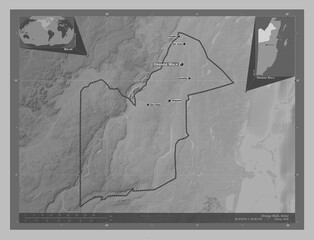 Orange Walk, Belize. Grayscale. Labelled points of cities