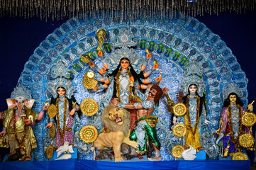Goddess Durga idol at decorated Durga Puja pandal, durga idol of kolkata durga puja festival