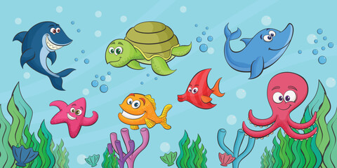 Naklejka na ściany i meble Fish sea life underwater aquarium landscape cartoon collection