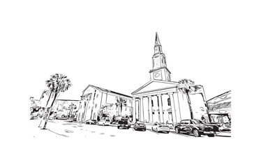 Building view with landmark of Orlando is the 
city in Florida. Hand drawn sketch illustration in vector.