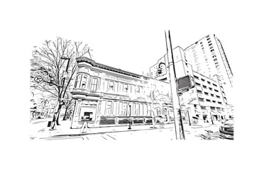 Building view with landmark of Orlando is the 
city in Florida. Hand drawn sketch illustration in vector.