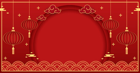 Happy Chinese new year 2023. Chinese new year banner with circle for show product. Greeting card. China frame with lantern on red background. © Supakorn