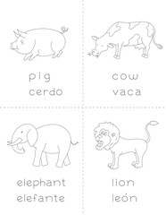 common farm and wild animals in spanish and english. coloring page for kids that you can print on standard 8.5x11 inch paper