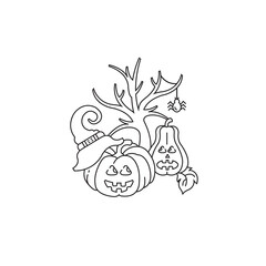 Happy Halloween vector linear icon. Card. Pumpkins and tree.
