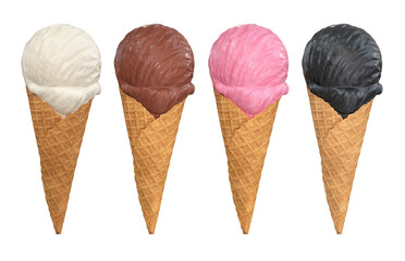 Collection of ice cream in waffle cones, white, chocolate, pink, black, 3d render