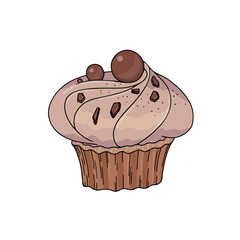 Chocolate cupcake with cream, chocolate chips and sphere isolated on white background. Muffin with topping