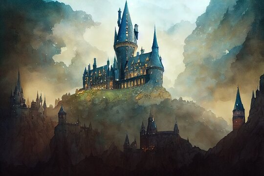 Dark fantasy castle. Magician medieval city. With tall black tower. Fortress of the king with stone walls.  Watercolor art concept. Historical architecture painting. Sketch of magic city.