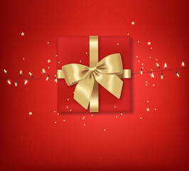 Merry Christmas, decorative design elements, winter banner, celebration background, realistic lights, christmas gift with gold bow, gold background vector