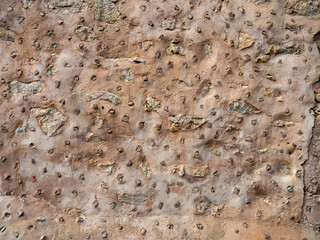 Background texture of little stones in wall solid surface. Stone siding with different-sized stones creating a grunge and rough backdrop with copy space.