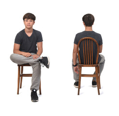 front and back view of same teen sitting on chair on white background