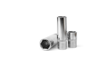 Chrome socket heads isolated on a white background. 
