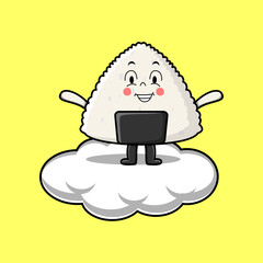 Cute cartoon Rice japanese sushi character standing in cloud vector illustration