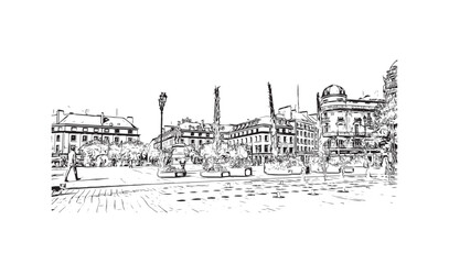 Building view with landmark of Orleans is the 
city in France. Hand drawn sketch illustration in vector.