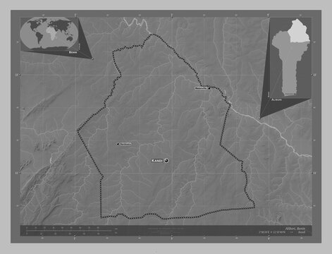 Alibori, Benin. Grayscale. Labelled points of cities
