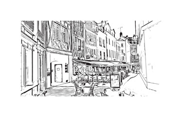 Building view with landmark of Orleans is the 
city in France. Hand drawn sketch illustration in vector.