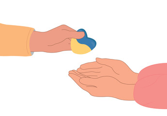 Support Ukraine. No war. Compassion. A hand holds the national flag of Ukraine in the shape of a heart and shares sympathy and hope with those in need. Help and compassion in life.