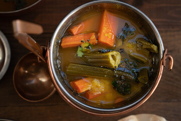 Sambar- traditional south Indian lentil gravy, with carrots and moringa drumsticks