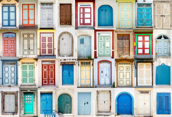 Collage of front doors in various colors, blue, red, green, yellow, beige, brown. Fun positive wallpaper background. Copy space.