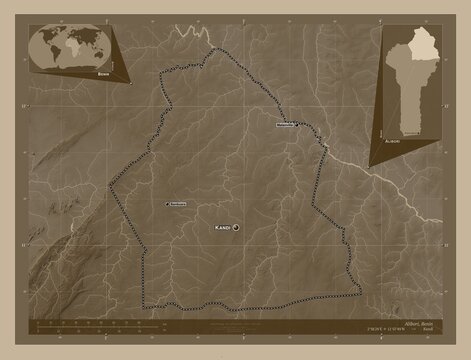 Alibori, Benin. Sepia. Labelled points of cities