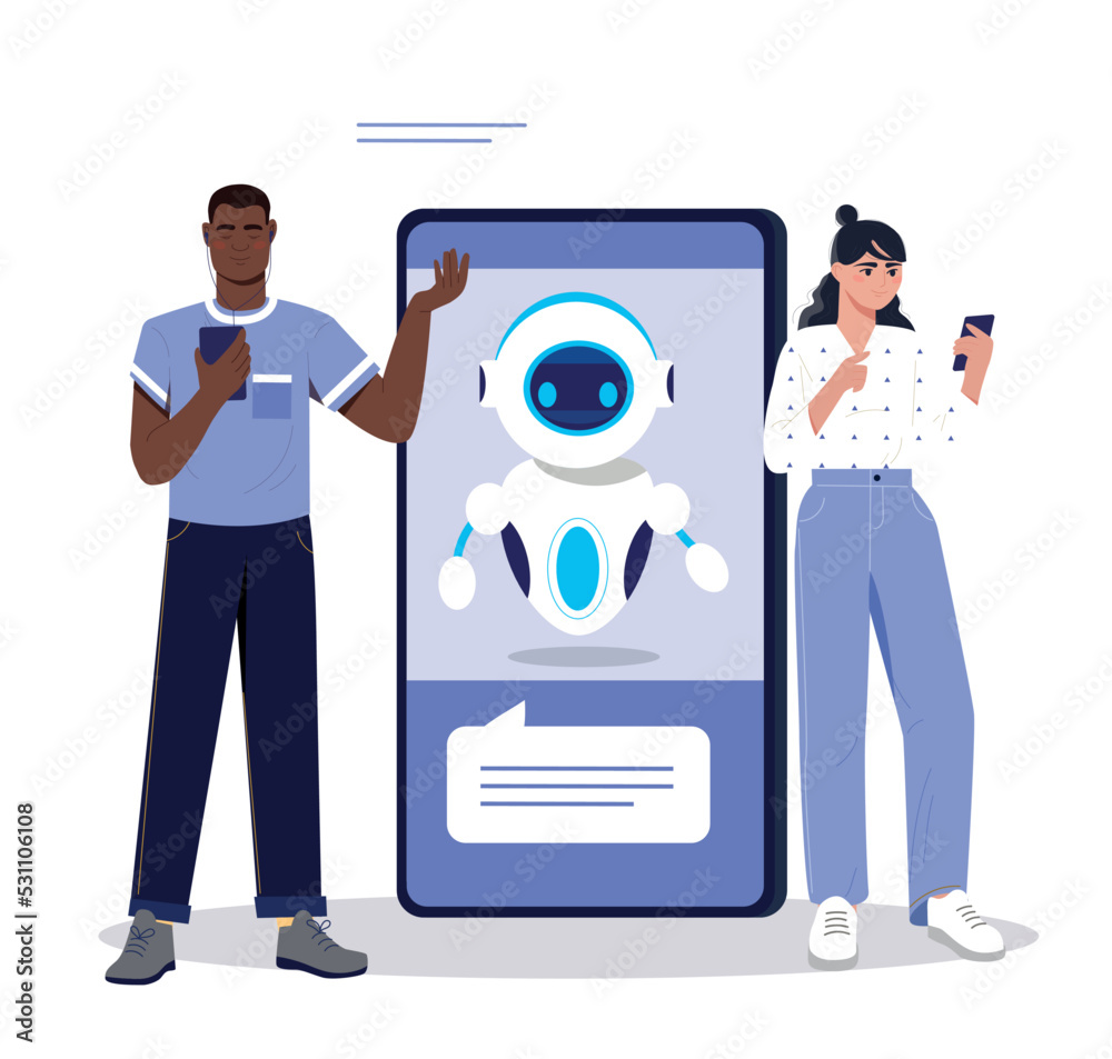 Poster communication with chatbot online. artificial intelligence on smartphone screen answers user questio