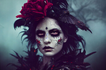 close-up portrait of a witch - red maiden coven, generative ai